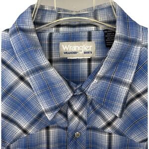 Wrangler Wrancher Mens XXL Blue Short Sleeve Plaid Pearl Snap Button Down Shirt